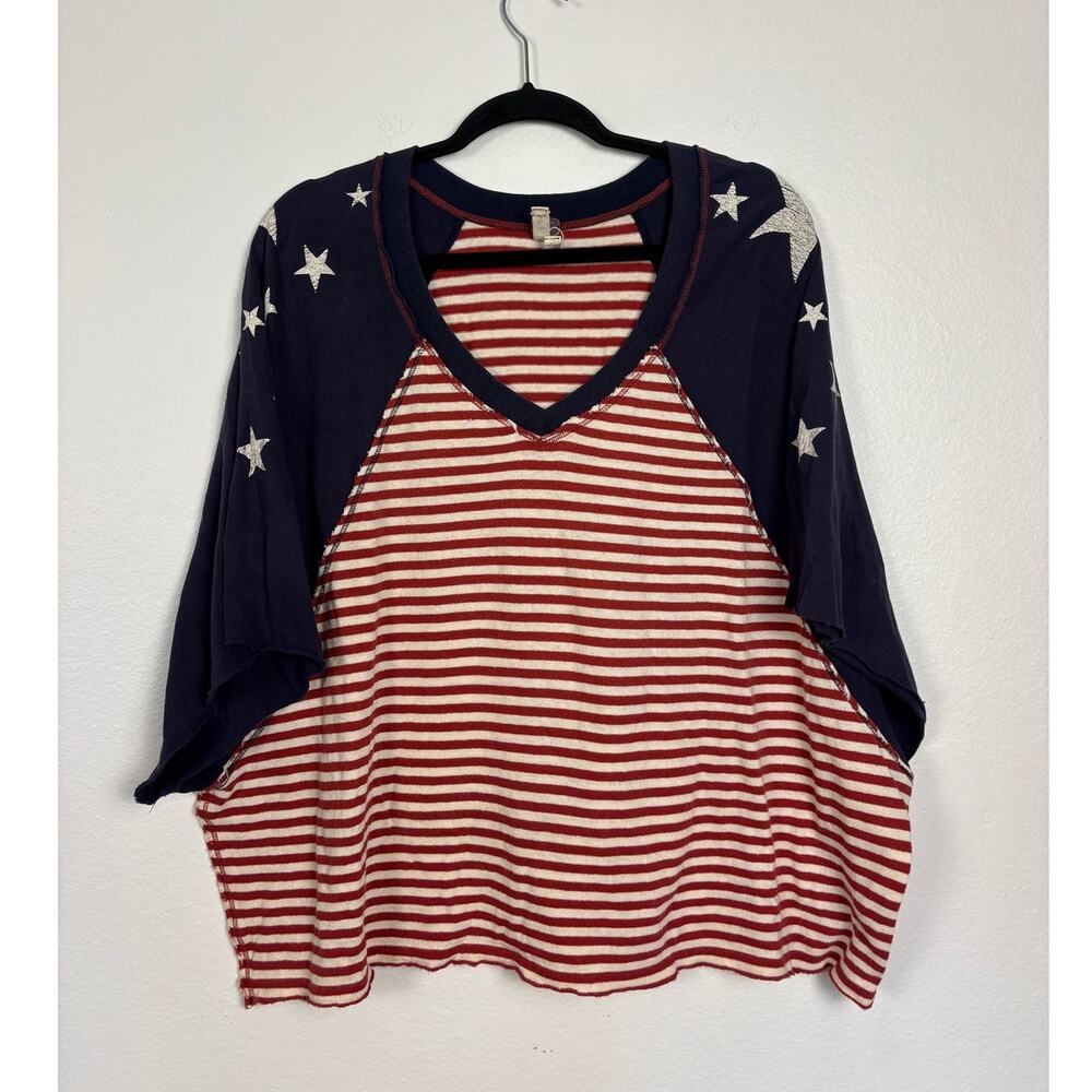 FP We the Free American Flag All Stars and Stripes V Neck Cotton Tee Medium
